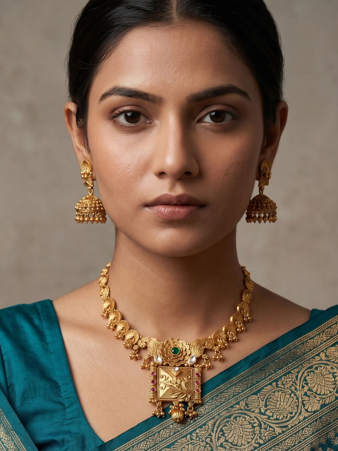 A woman wearing an ornate gold-plated short antique goldd necklace with a rectangular pendant and matching dangling earrings, paired with a teal sari against a neutral studio background.