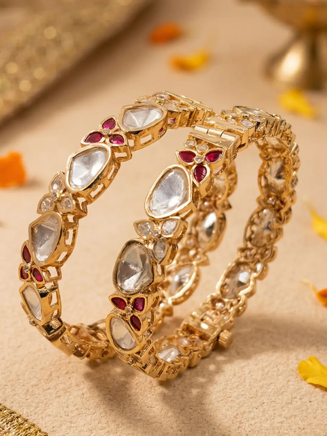 Designer Gold Plated Ruby Stones Polki Kundan Bangles With Floral Design | Ethnic  and traditional wear indian bangles 