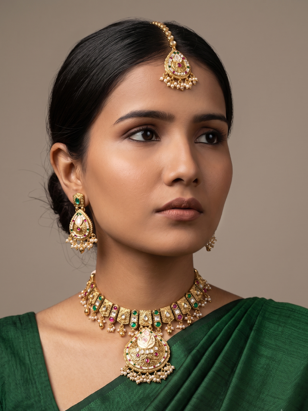 A woman wearing an ornate gold-toned traditional antique kundan jewelry set with a maang tikka, earrings, and a necklace, paired with a green saree, against a solid neutral background.
