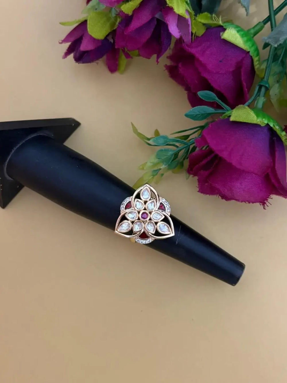 Gold Plated Triangle Shaped red Kundan Ring With Enamel | Festive & Wedding Wear