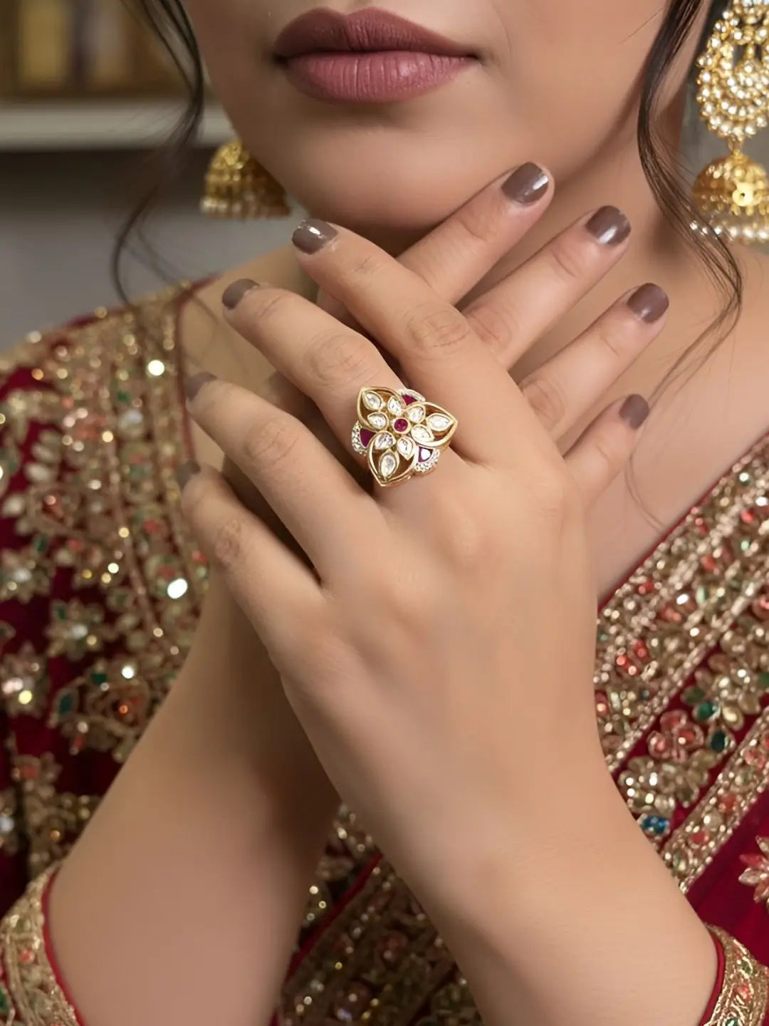 Gold Plated Triangle Shaped Kundan Ring With red Enamel | Festive & Wedding Wear