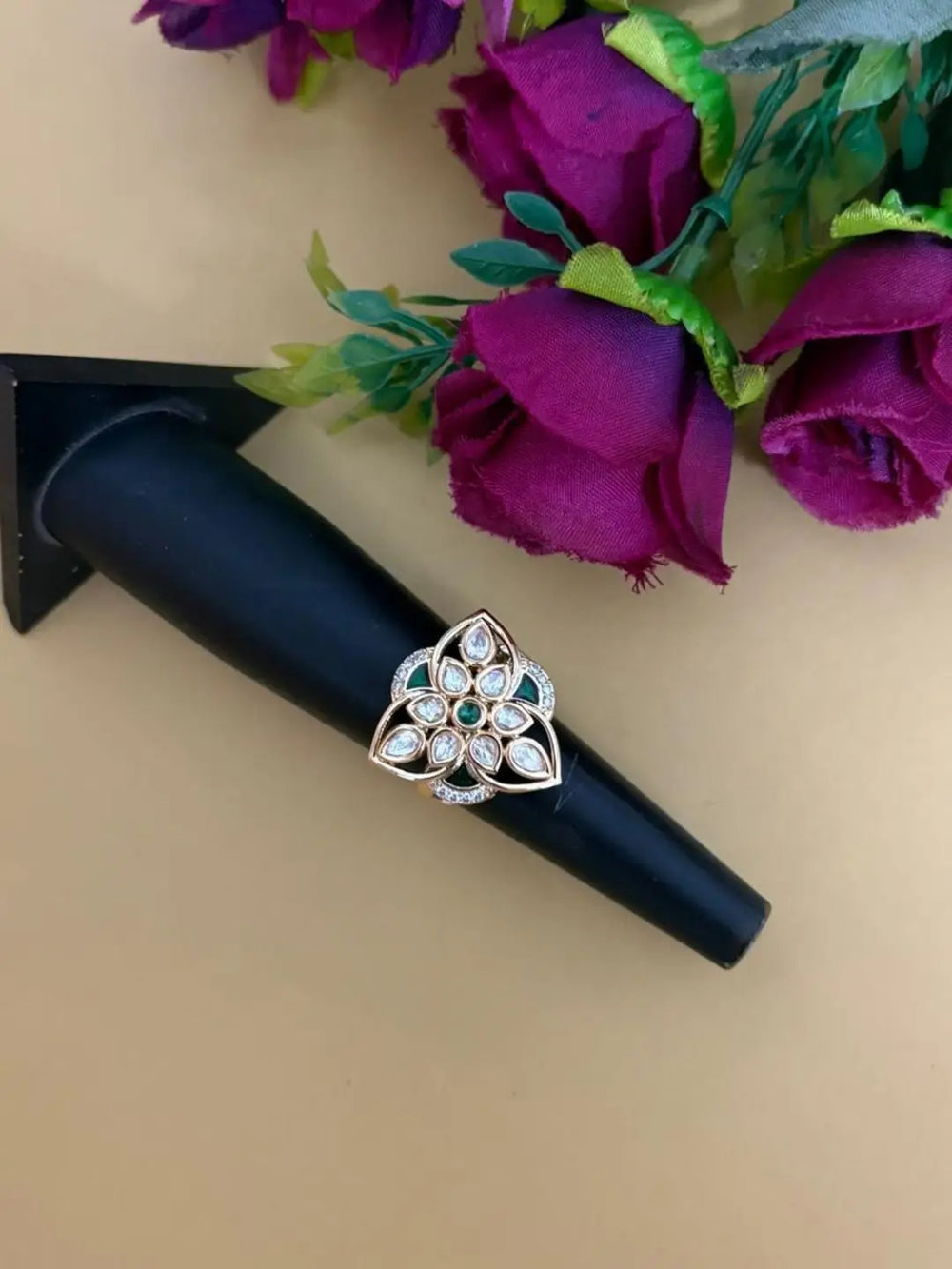 Gold Plated Triangle Shaped Green Kundan Ring With Enamel | Festive & Wedding Wear