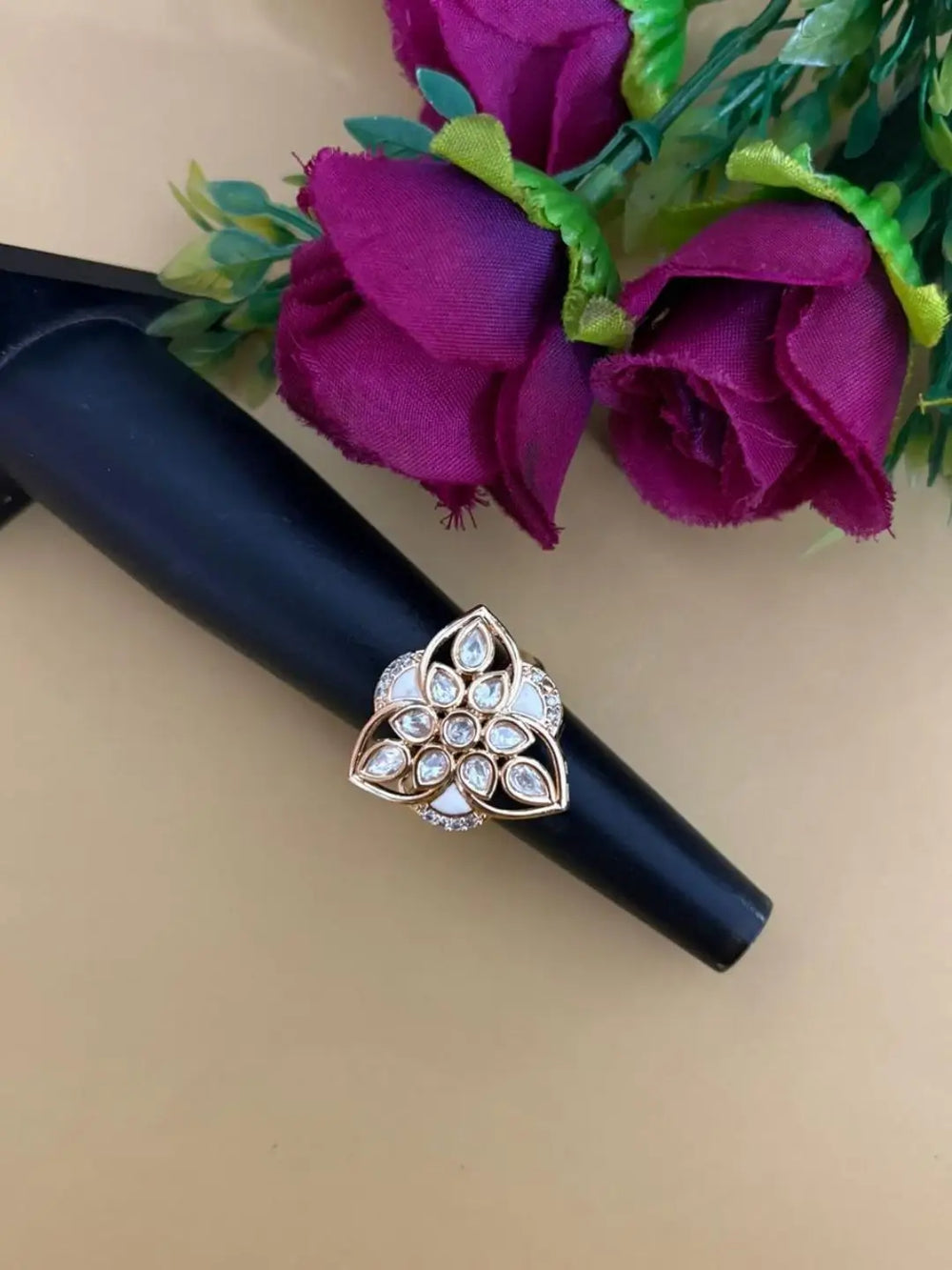Gold Plated Triangle Shaped Kundan Ring With white Enamel | Festive & Wedding Wear