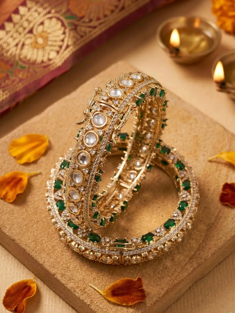 Gold Plated Emerald Stones & Kundan Openable Bangles For Women | Wedding Bridal & Party Wear polki bangles 