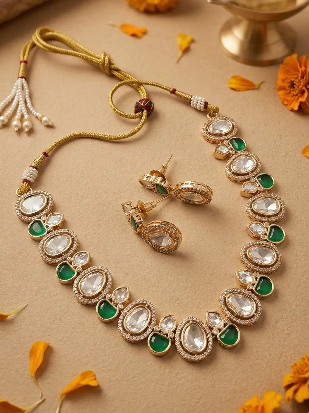 Elegant Statement green emerald Polki Kundan Necklace And Earring Set | Festive And Party Wear