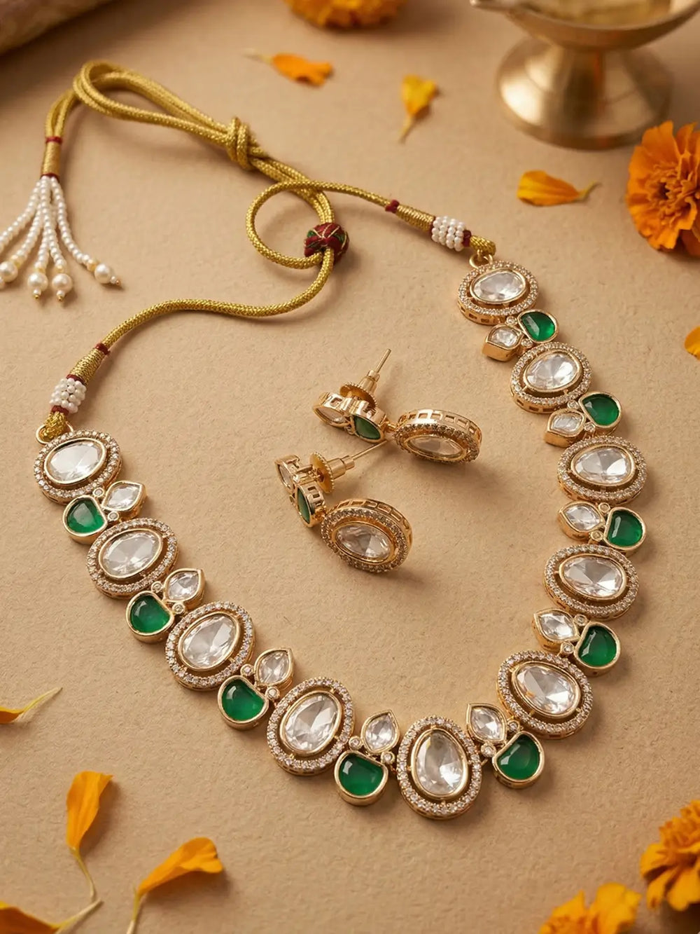 Elegant Statement green emerald Polki Kundan Necklace And Earring Set | Festive And Party Wear
