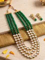 Gold Plated Layered Kundan And Green Stones Beaded Necklace Set For Women - Ethnic Jewellery Set