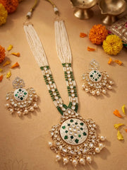 Traditional Long Pearls Beaded Kundan Necklace Set With green Enamel | Wedding Jewellery Set