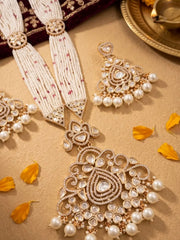 Moissanite Polki Long Necklace Set With Pearls - Luxury Wedding Jewellery Set