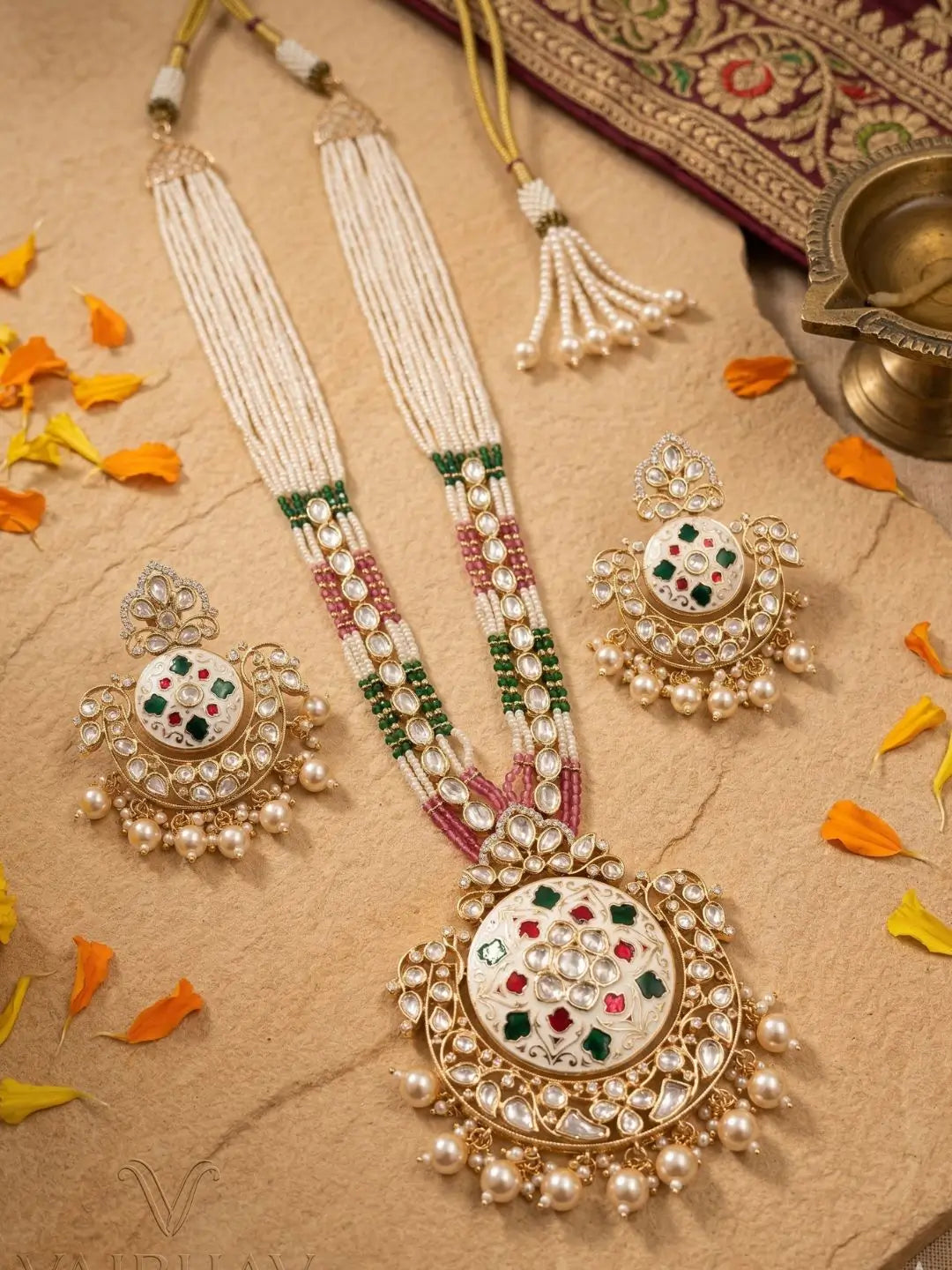 Traditional Long Pearls Beaded Kundan Necklace and earring Set With red and green Enamel | Wedding Jewellery Set
