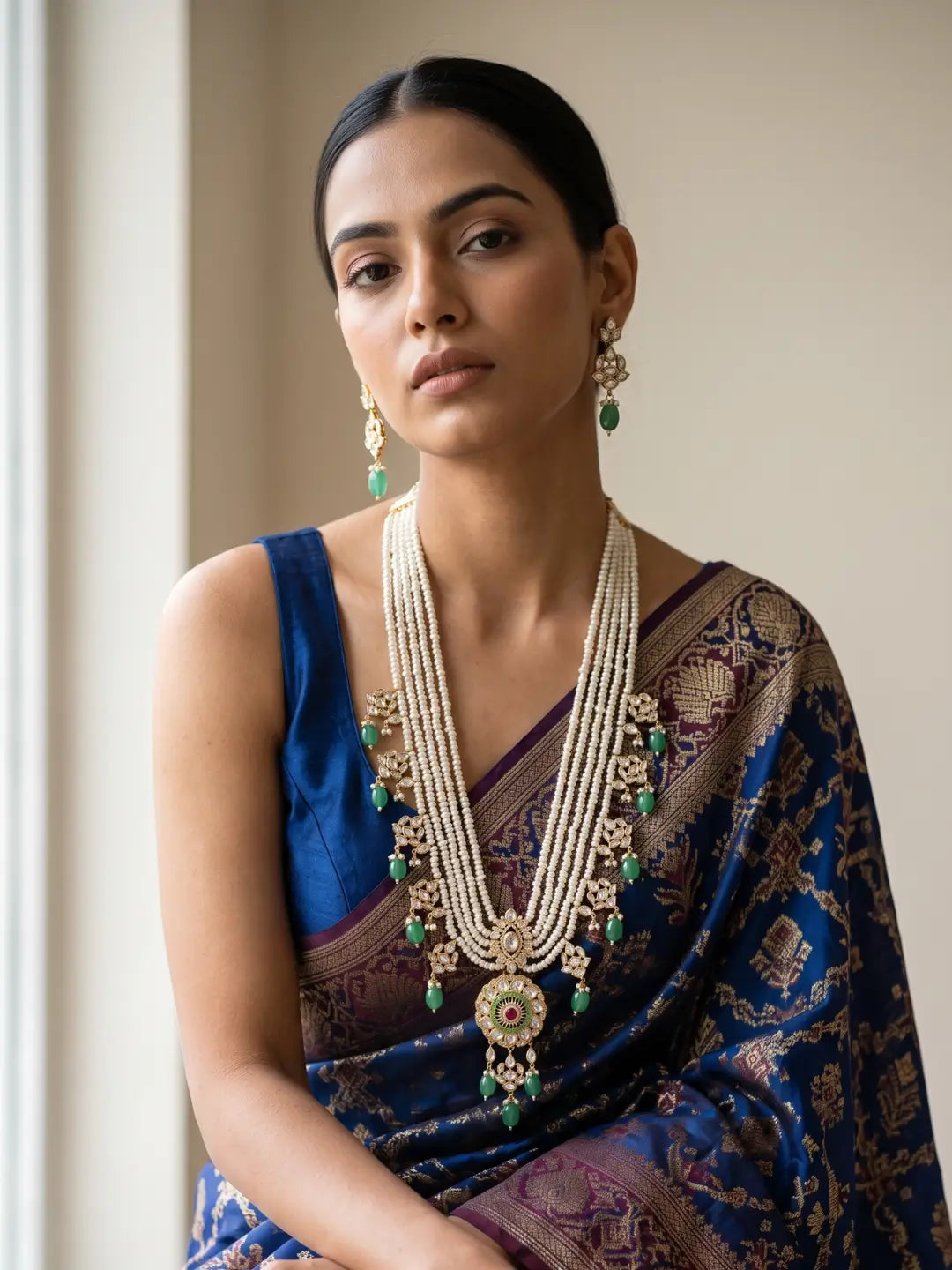 A woman in a blue wedding saree is  wearing an Elegant multi-layer pearl long necklace set featuring a handcrafted Kundan pendant with emerald green bead drops, ruby-inspired center stone, and matching earrings, perfect for bridal wear, weddings, festive occasions, and traditional Indian Jewellery.