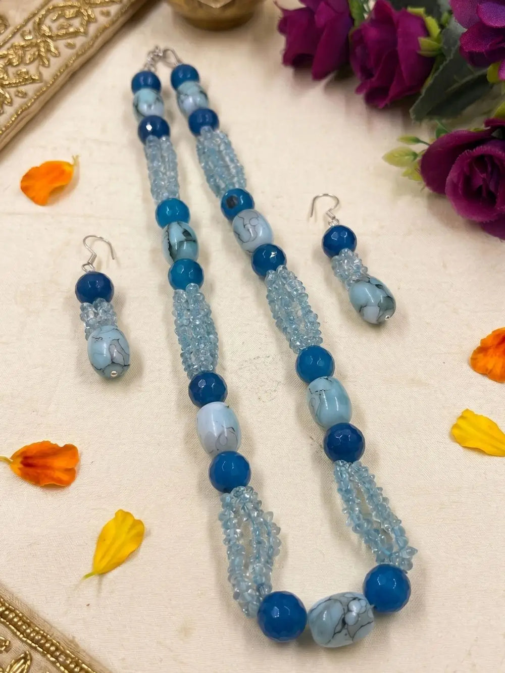 Designer Blue Onyx & Blue Topaz Multi Strand Beaded Necklace Set For Women online | Blue Beads Necklace 