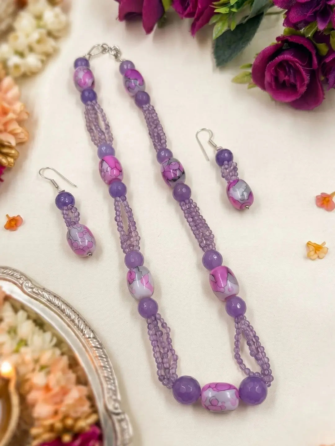Handcrafted naturakl Amethyst Multi Strand Beaded Necklace Set with purple jade  | Purple Beads Necklace 