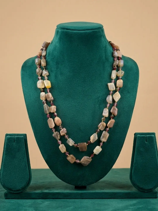 Dual Strand Natural Moonstone Beaded Necklace displayed on a green mannequin