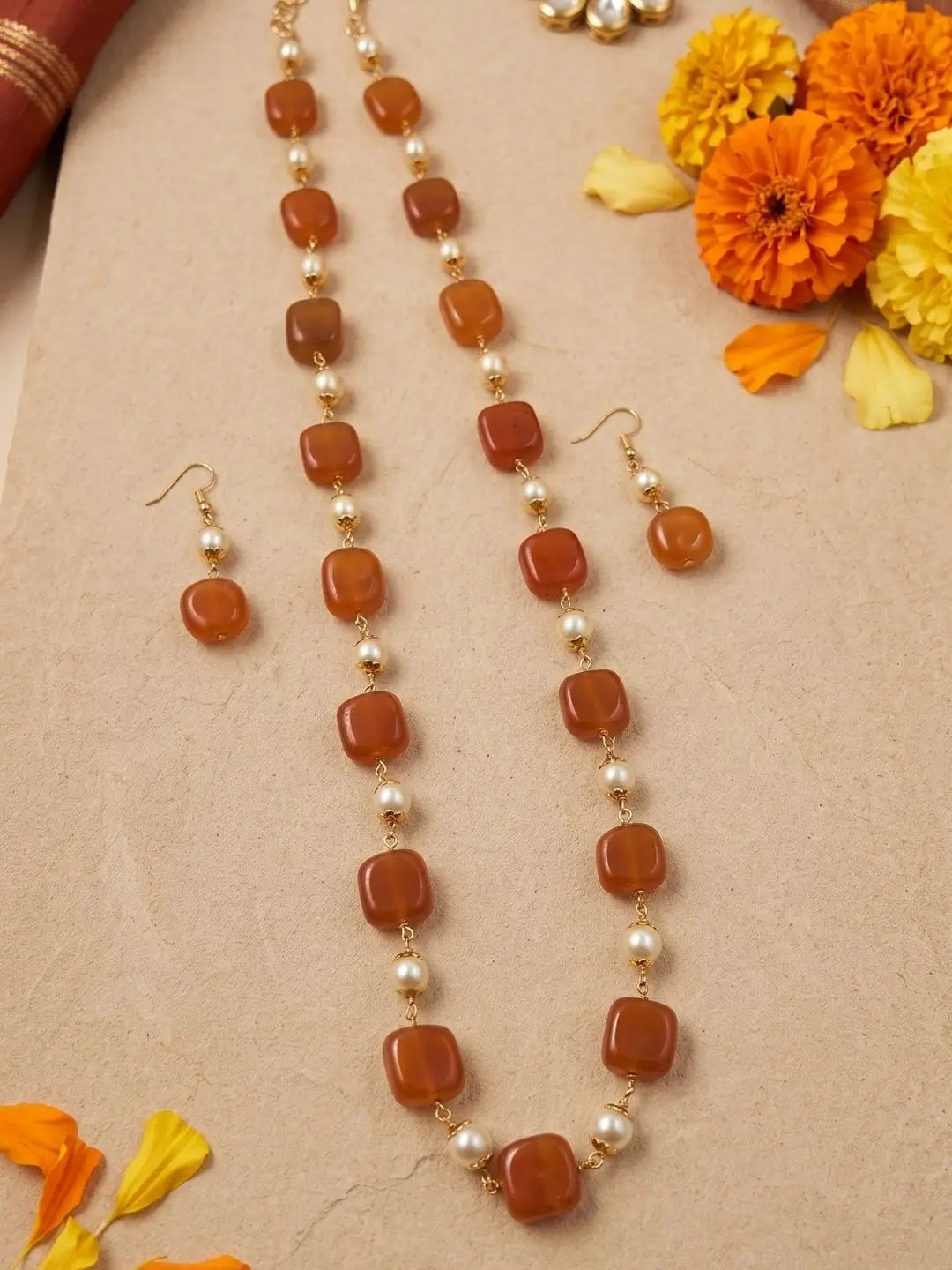 Elegant Natural orange color Jade Beads And Pearls Long Beaded Necklace - Gemstone Beaded Jewelry