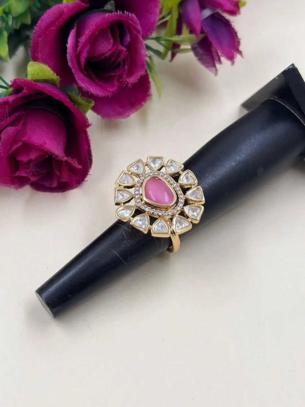 Elegant Adjustable pink Polki Ring For Women | Ethnic & Traditional Wear