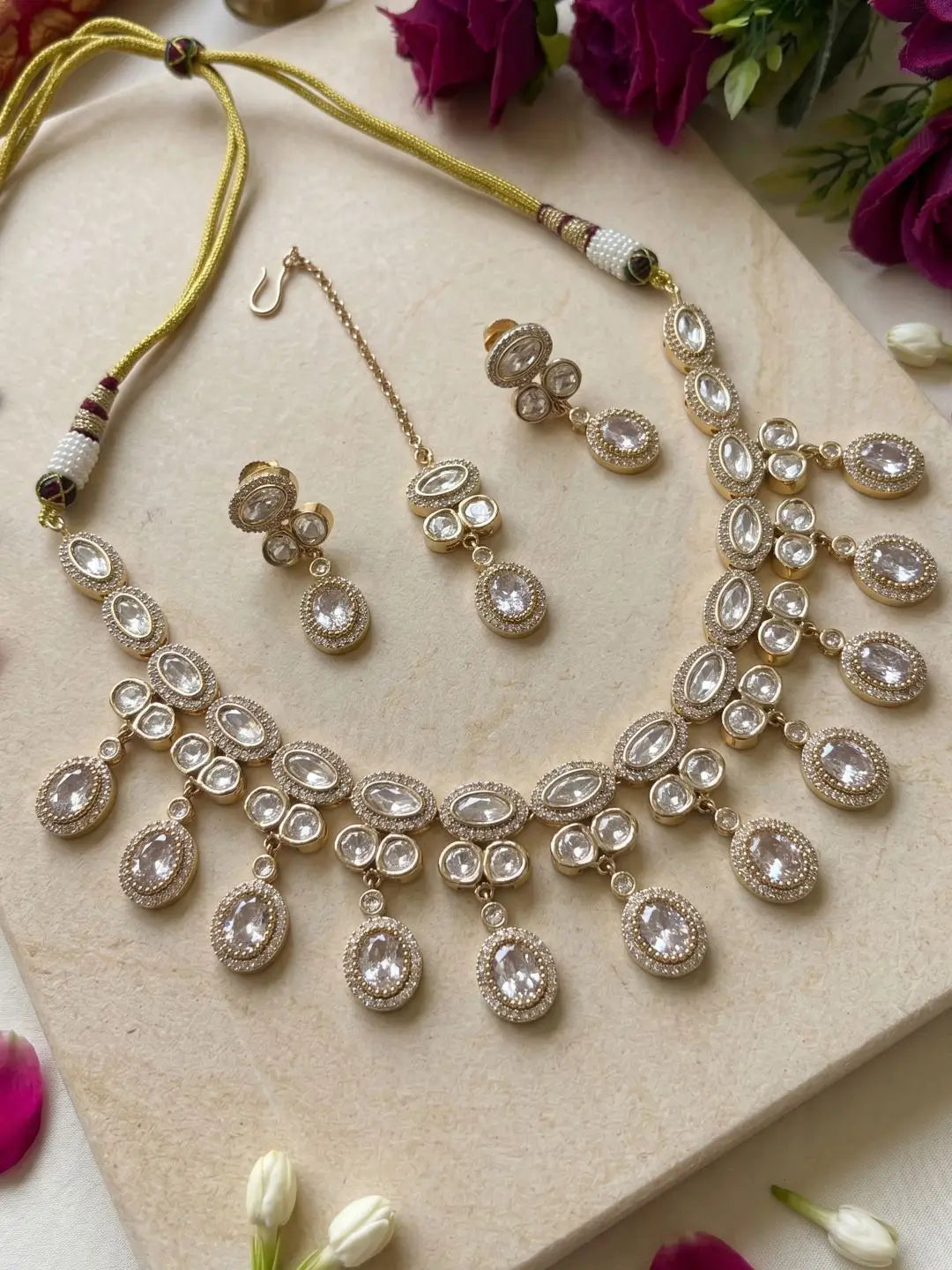 Gold Plated Polki Kundan Necklace Set With Tikka | Wedding & Festive Jewellery Set