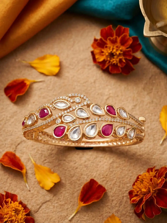 Gold Plated Ethnic Openable red Kundan Kada Bracelet | Wedding And Festive Jewellery