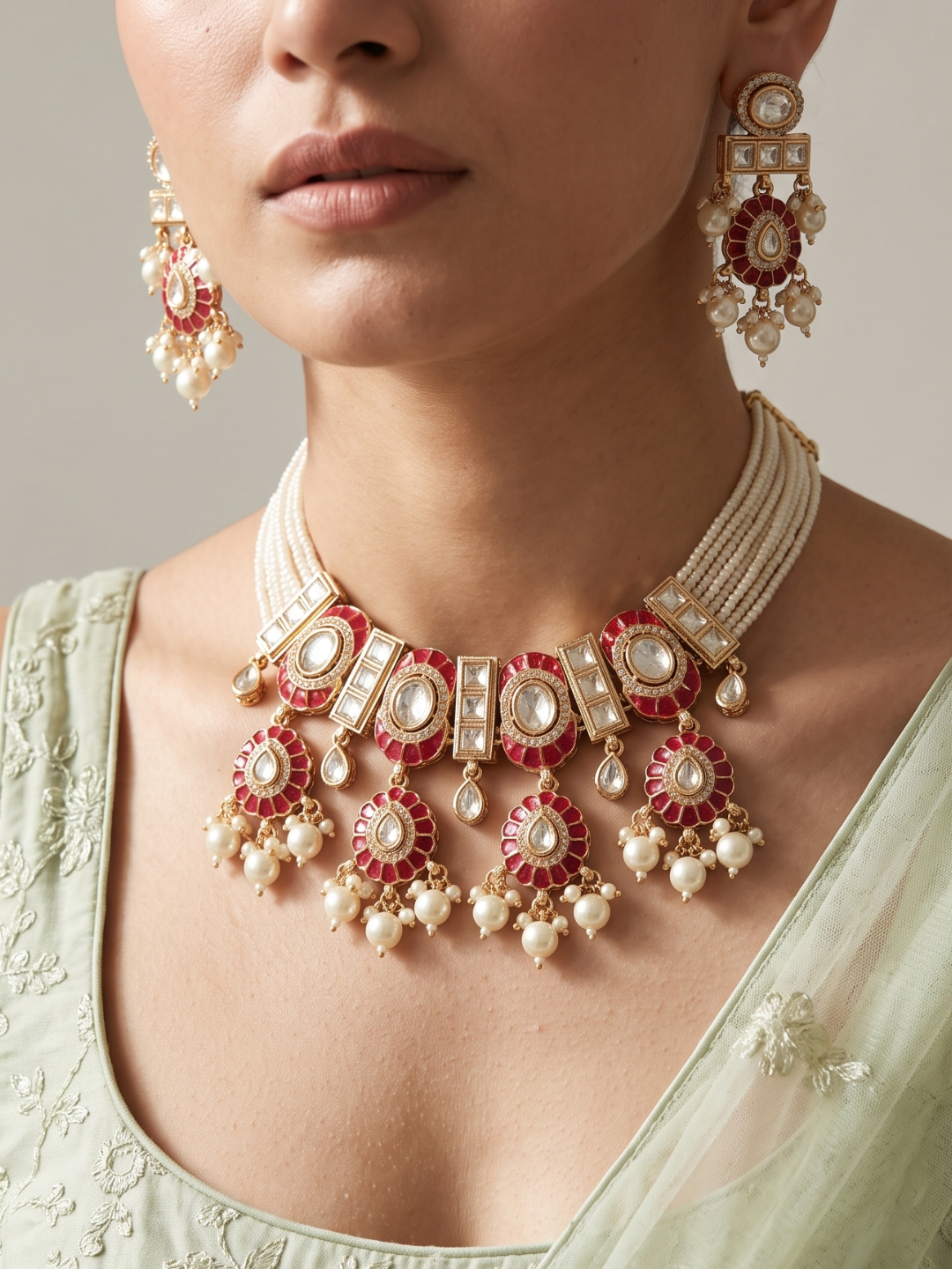 A close-up of a model wearing an ornate Indian-style jewelry set featuring a red and gold necklace with pearl-like white beads, matching drop earrings, and a light green embroidered blouse.