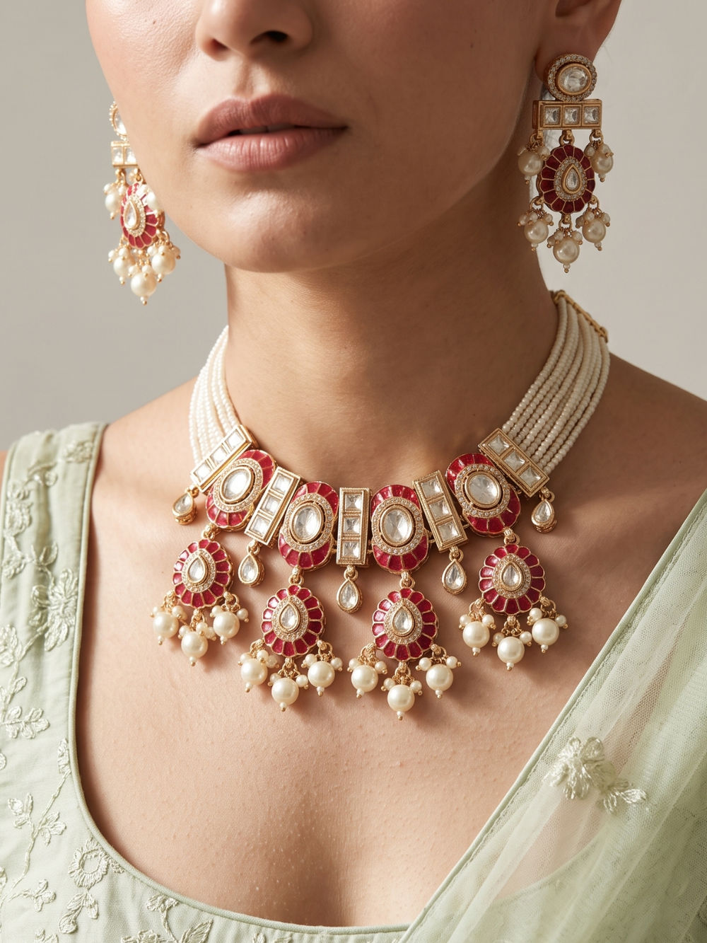 A close-up of a model wearing an ornate Indian-style jewelry set featuring a red and gold necklace with pearl-like white beads, matching drop earrings, and a light green embroidered blouse.
