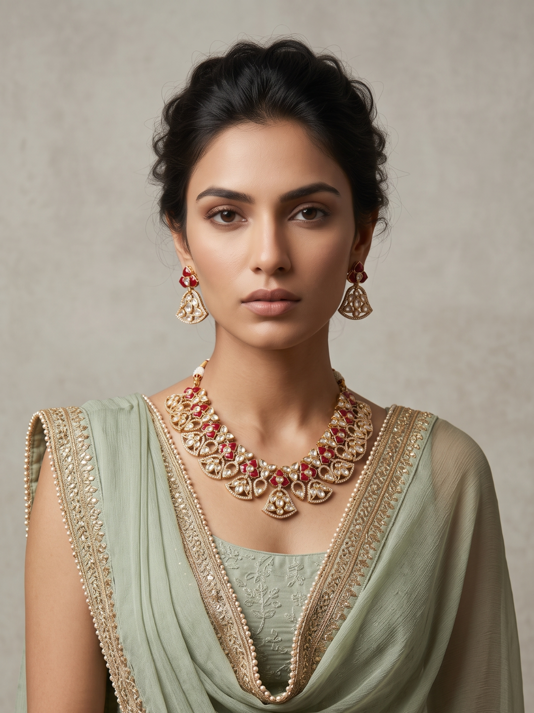 A woman wearing an ornate gold-toned traditional necklace and matching earrings with red stone accents, styled with a sage green embroidered sari against a neutral studio background.