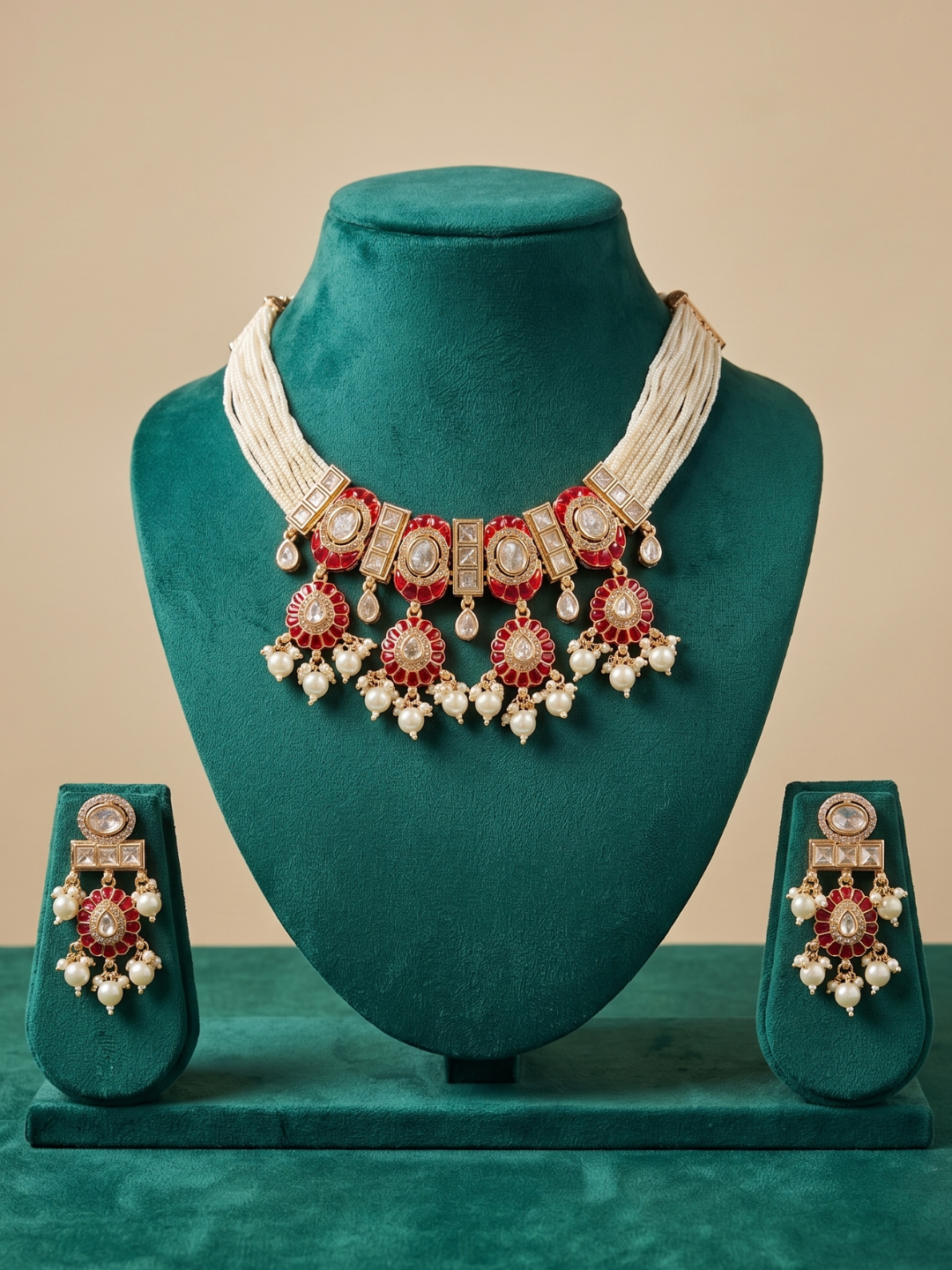 A traditional Indian jewelry set displayed on a teal velvet stand, featuring a statement necklace with red and gold elements and white pearl-like drops, matching drop earrings, and a teal velvet display stand against a beige background.
