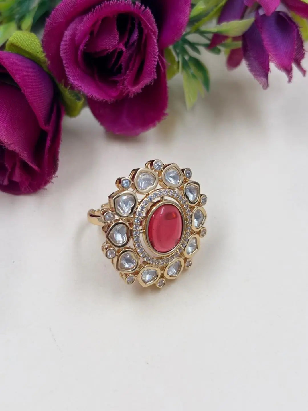 Elegant Gold Plated Floral Design Statement Kundan Ring For Women | Wedding & Festive Wear