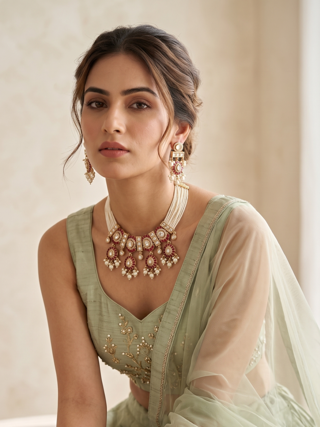 A woman wearing a light sage green traditional outfit with gold embroidery, a matching sheer dupatta, and an ornate gold plated red beaded pearls choker jewelry set posed against a soft beige background.