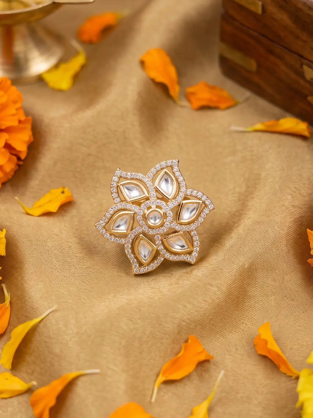 Elegant Flower Design Polki Finger Ring For Women | Ethnic Traditional & Statement
