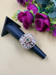 Square Shape Contemporary green stone , CZ & Kundan Adjustable Ring For Women - Statement Rings