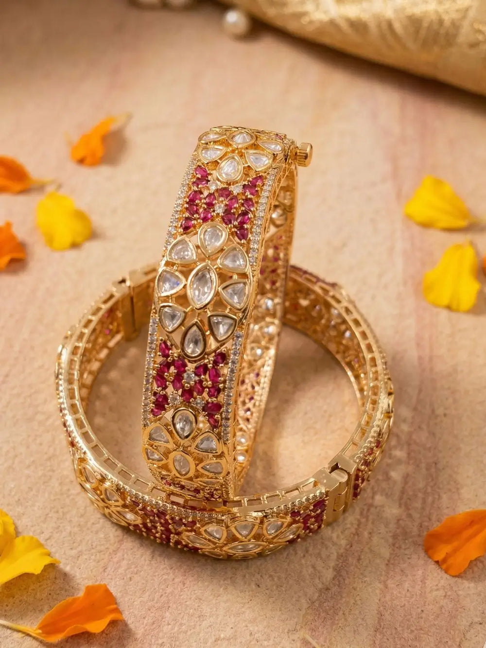 Luxury Gold Plated Ruby Stones & Polki Kundan Kada Bangles Set | Bridal & Weddings Wear