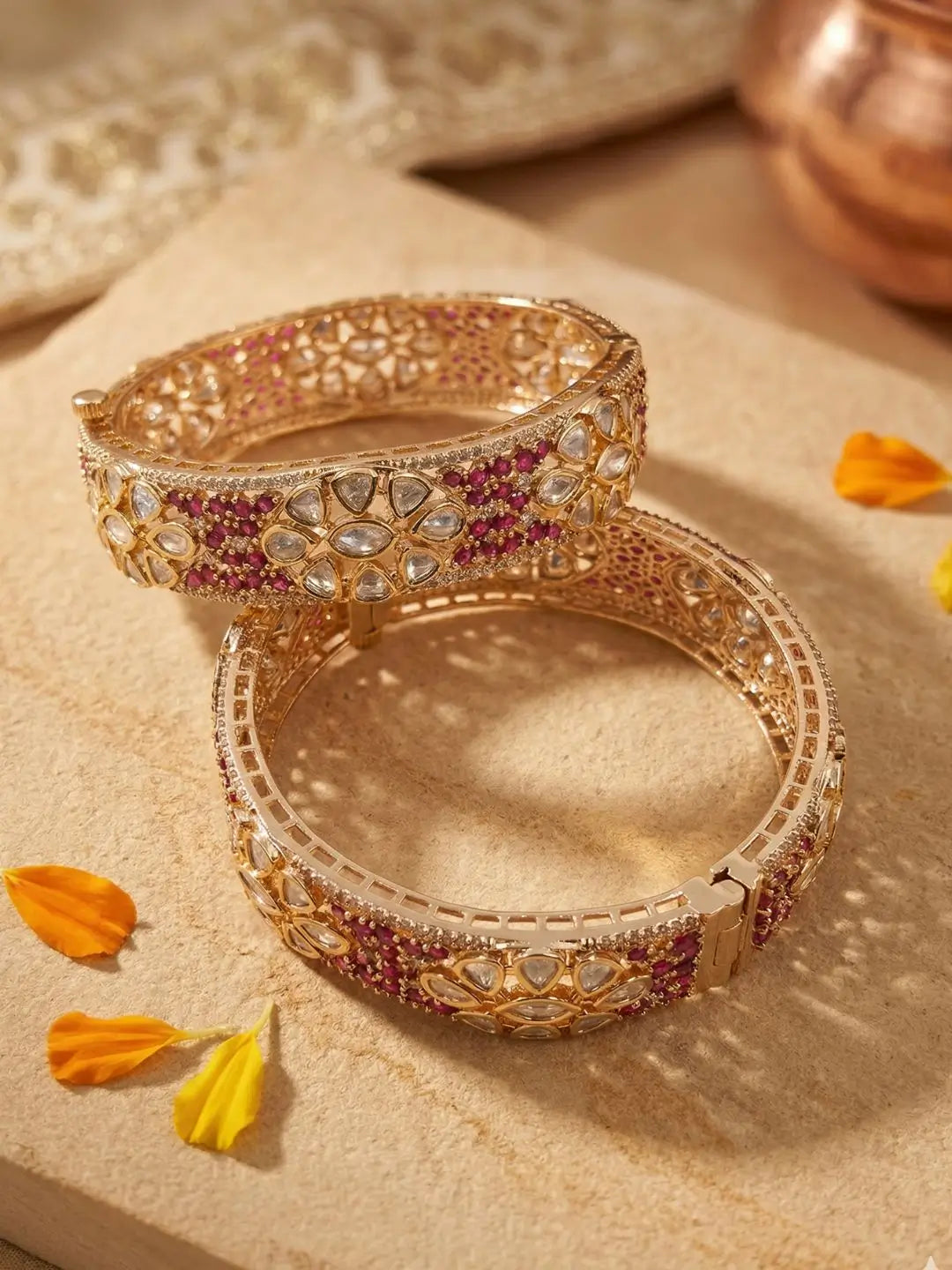 Luxury Gold Plated Ruby Stones & Polki Kundan Kada Bangles Set with a screw | Bridal & Weddings  Wear