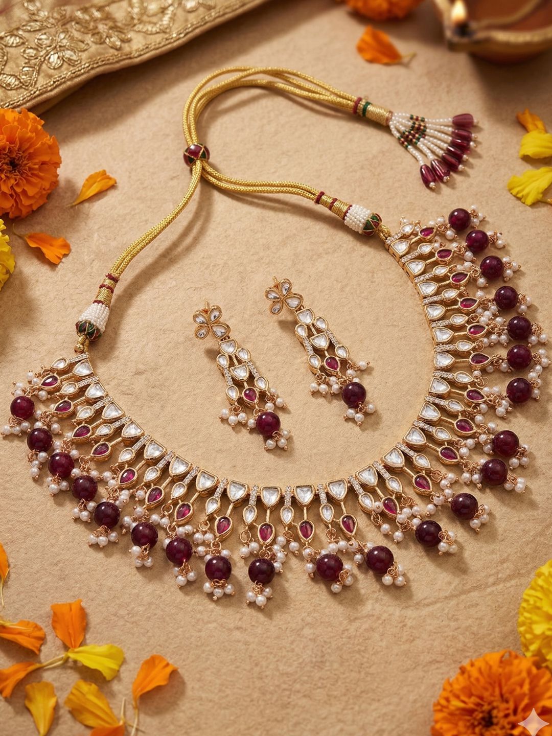 gold plated Ornate polki kundan necklace and earrings set with maroon and white stones on a beige background with flowers.