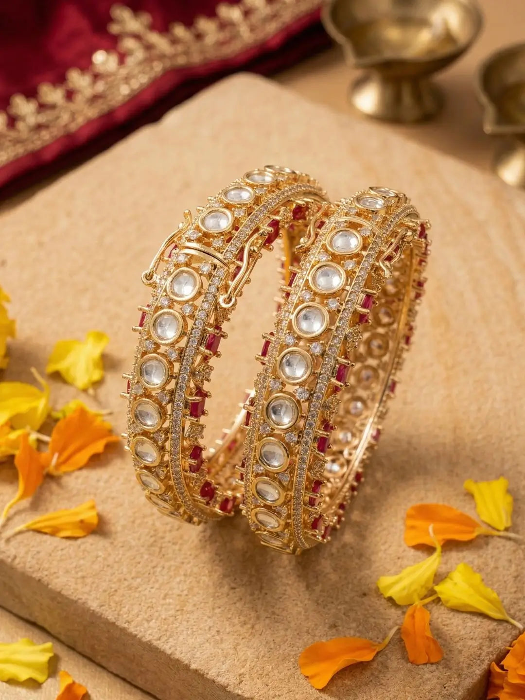 Designer Luxury gold plated Ruby Stones & Kundan Bangles Set For Women | Wedding Bridal & Party Wear red kundan bangles 