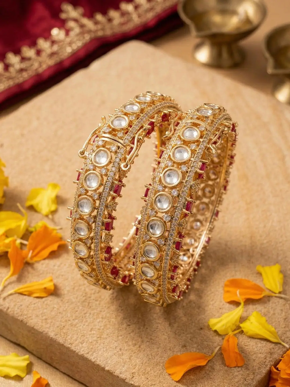 Designer Luxury gold plated Ruby Stones & Kundan Bangles Set For Women | Wedding Bridal & Party Wear red kundan bangles 