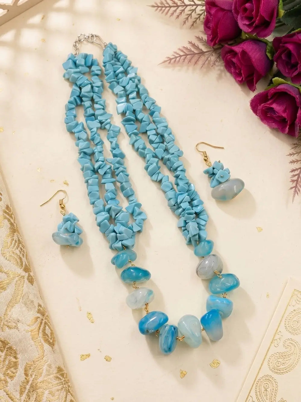 Handcrafted Natural Blue Agate & Turquoise Necklace Set | Statement Blue Beads Jewelry For Women