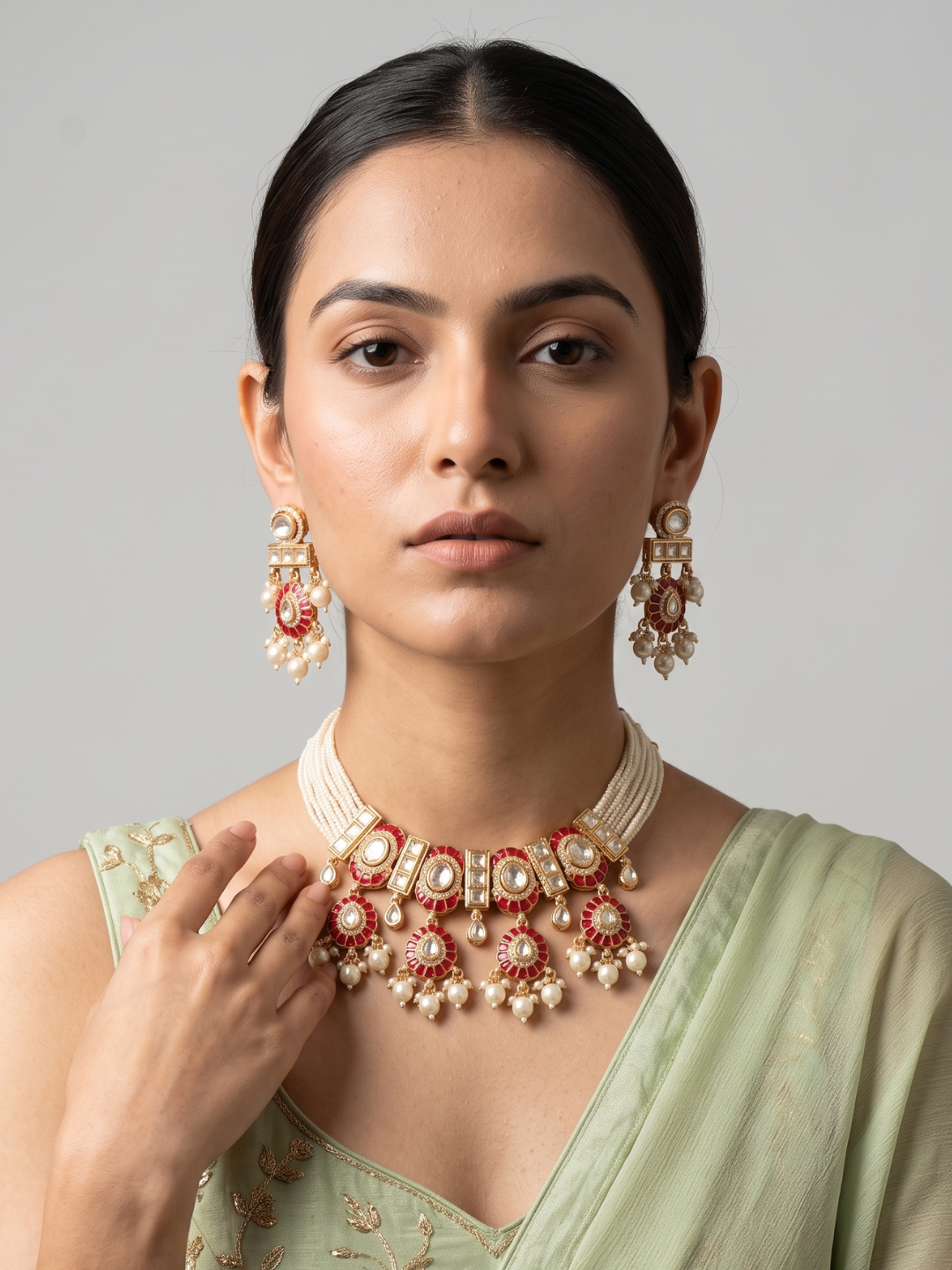 Designer Red Polki Pearl Choker Necklace And Earring Set | Festive & Wedding Jewellery