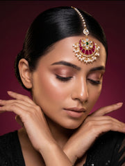 Gold Plated Traditional red Jadau Maang Tikka For Women | Wedding And Festive Wear Tikka