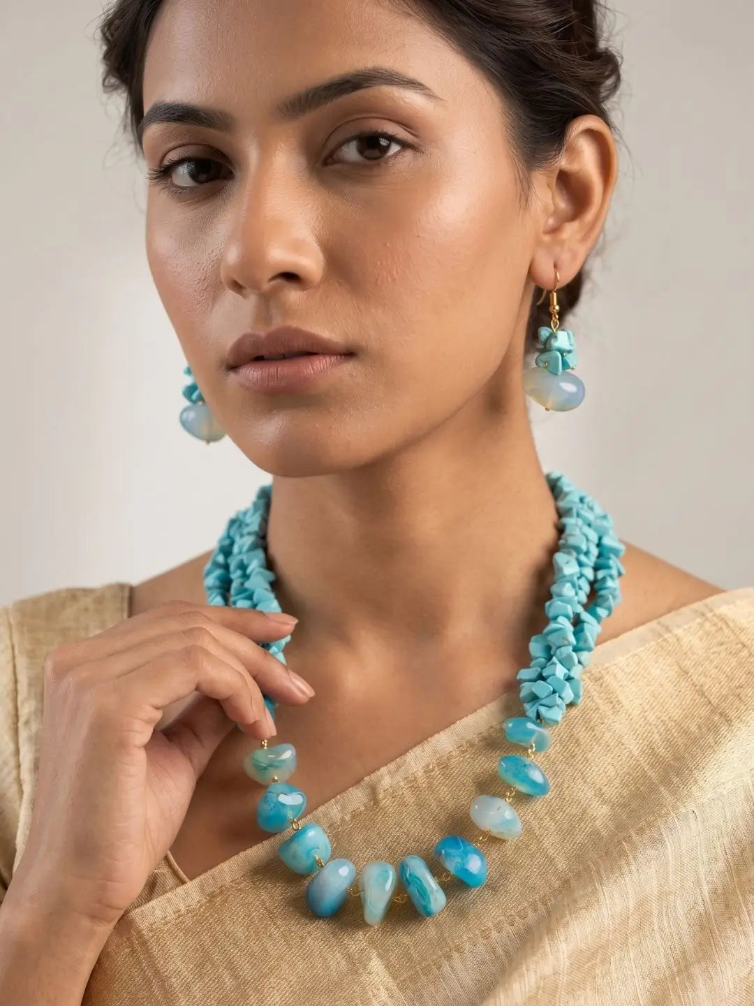 Handcrafted Natural Blue Agate & Turquoise Necklace Set | Statement Blue Beads Jewelry For Women