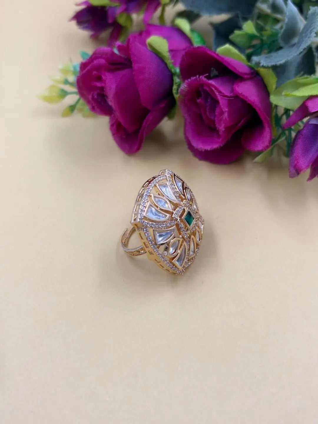 Square Shape Contemporary CZ & Kundan Adjustable Ring For Women - Statement Rings