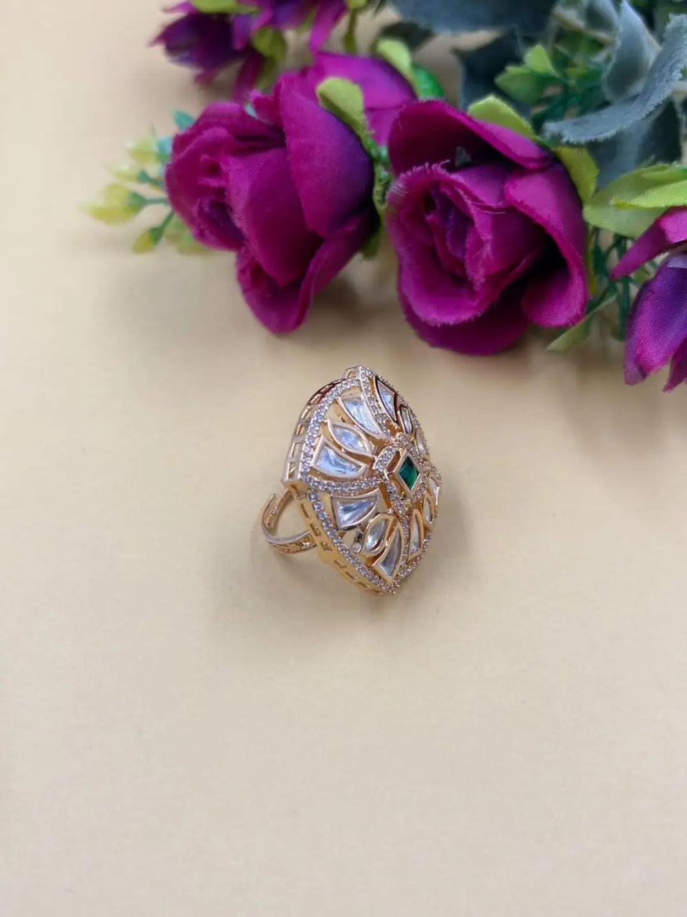 Square Shape Contemporary CZ & Kundan Adjustable Ring For Women - Statement Rings