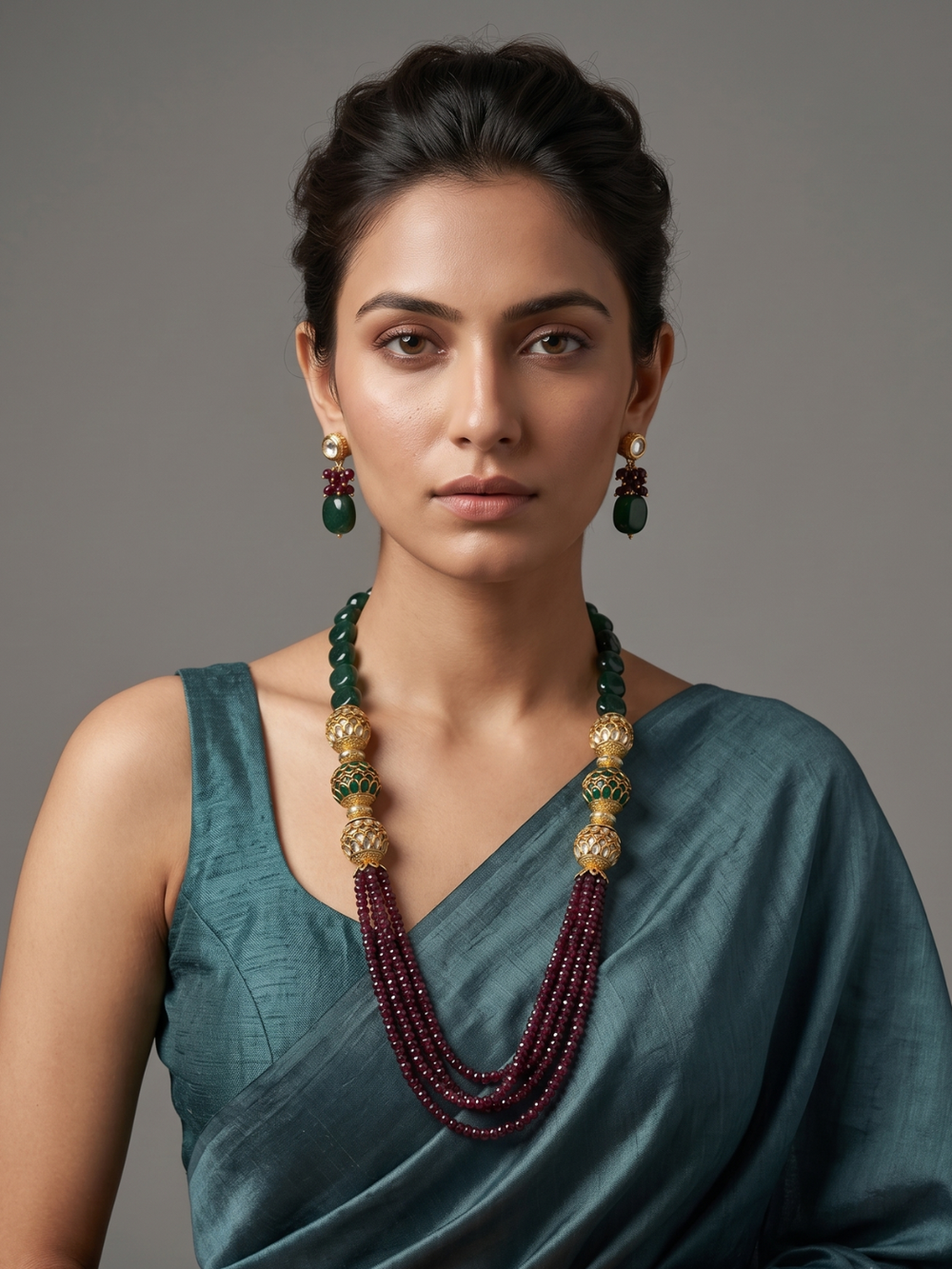 A woman wearing a multi-strand traditional long beaded necklace with deep red beads, gold-toned ornate links, and green accents, paired with matching drop earrings, against a solid gray studio background.
