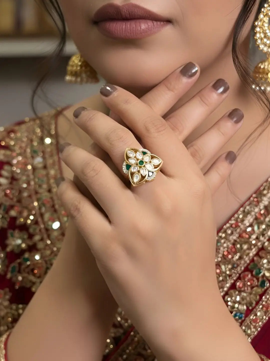 Gold Plated Triangle Shaped Kundan Ring With green Enamel | Festive & Wedding Wear
