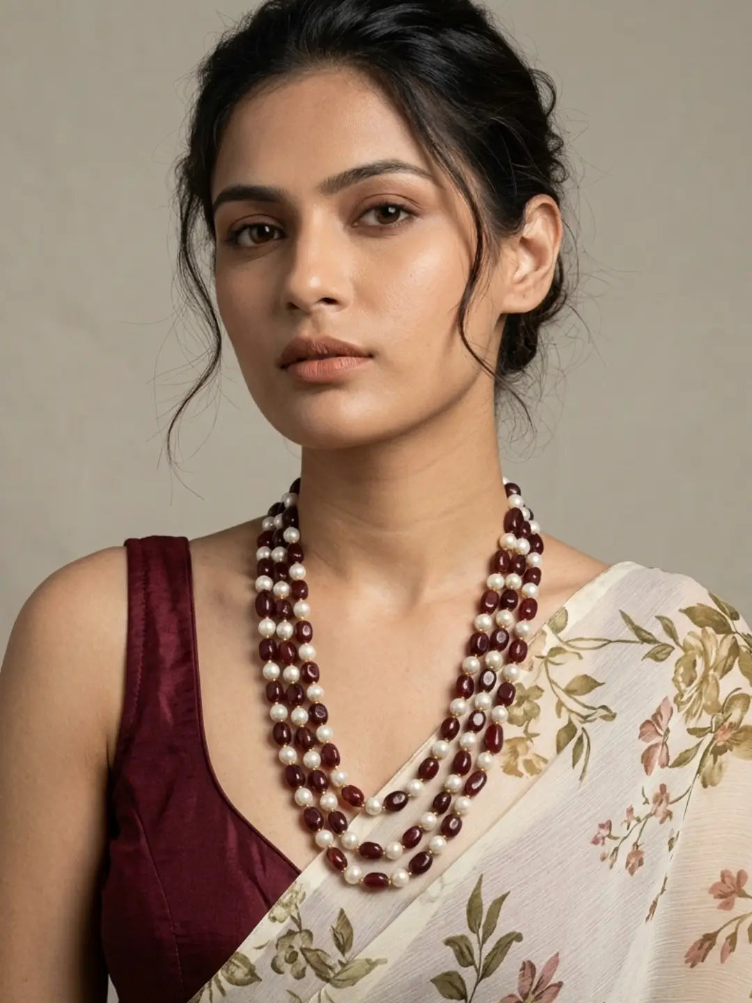 A woman wearing a multi-strand beaded necklace with dark red jade and white beads, paired with a white floral saree and a deep maroon blouse, set against a plain beige background.