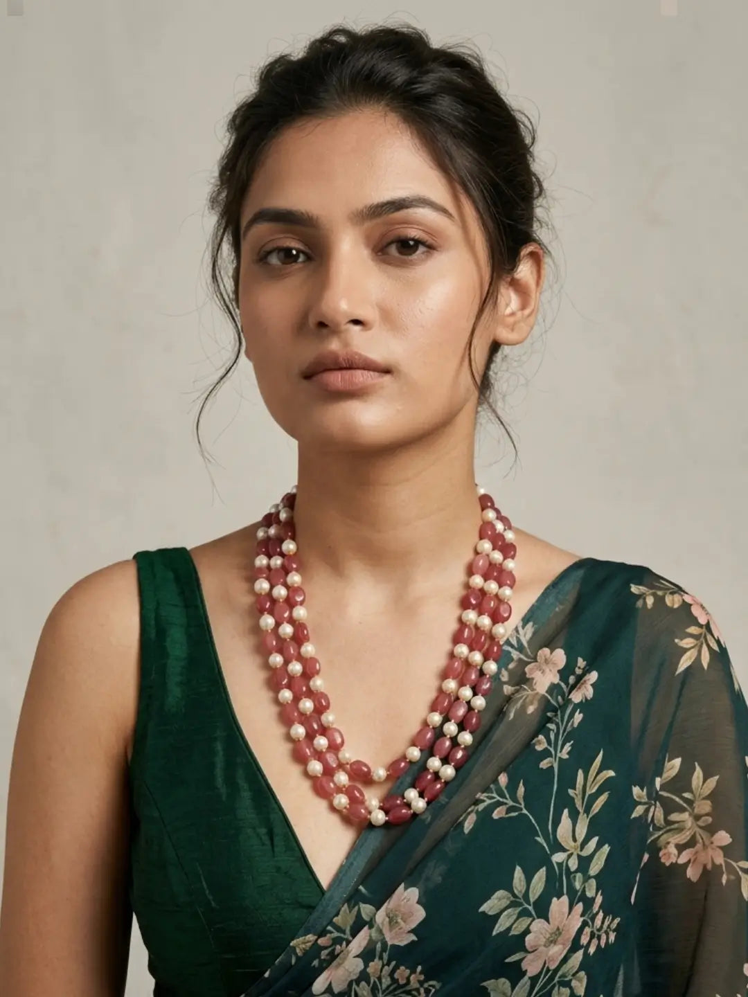 A woman wearing a dark green floral saree and a multi-strand peach and white pearls beaded necklace, photographed against a neutral textured gray background.