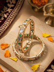 Elegant Gold Plated Green Stones & Uncut Polki Bangles For Women - Wedding & Festive Wear