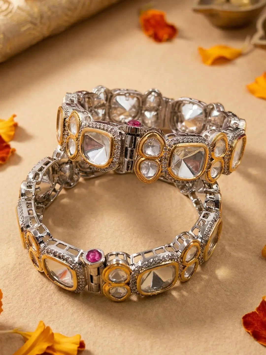Dual Tone Victorian finish Uncut Polki Kundan Kada Bangles For Women | Wedding & Party Wear