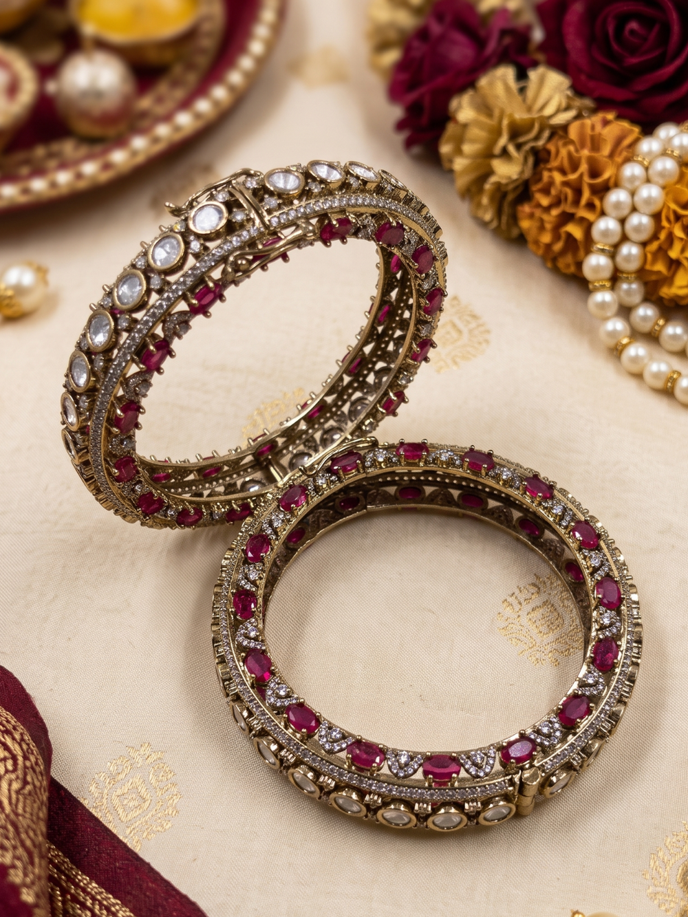 Designer Antique Victorian Polki Kundan Kada Bangles With Ruby Stones | Wedding & Bridal Bangles