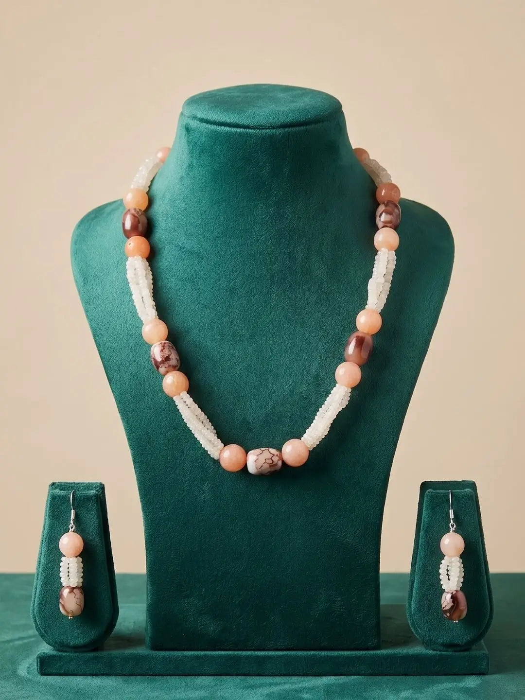 handcarfted Elegant White Rainbow Moonstone And Brown Chalcedony Gemstones multi strand Beaded Necklace Set 