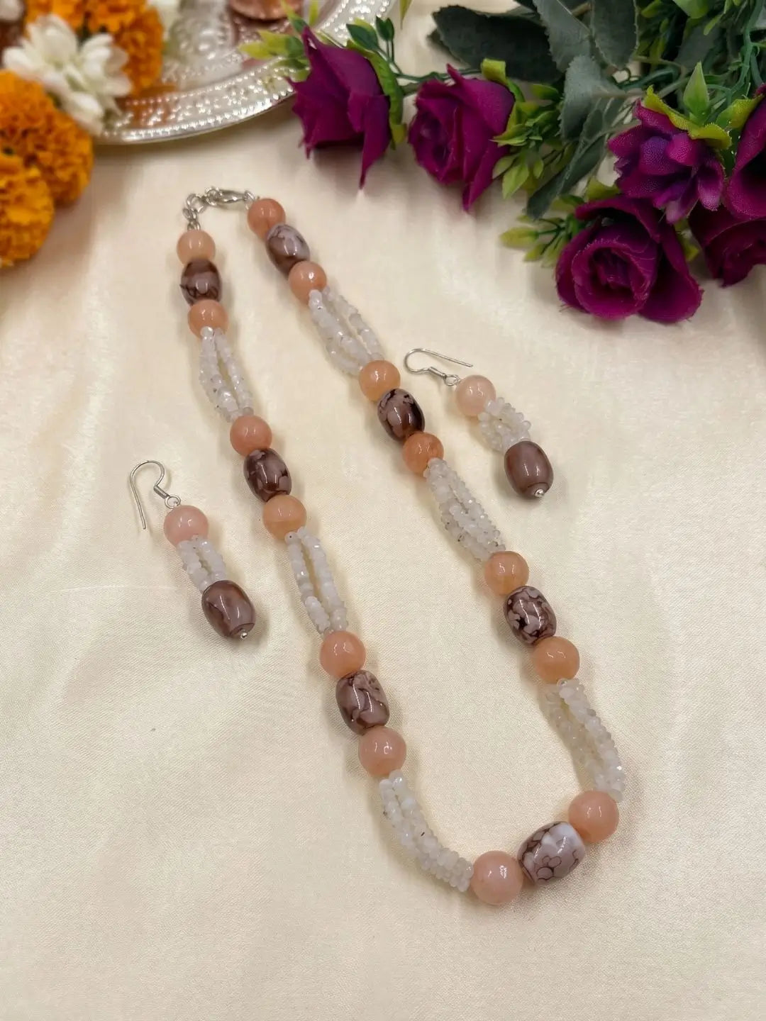 Elegant White Rainbow Moonstone And Brown Chalcedony Gemstones Beaded Necklace Set 